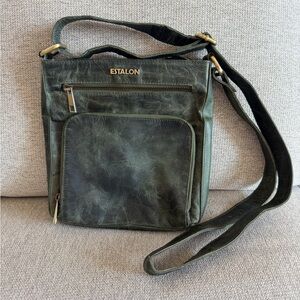 Estalon 100% Leather Deep Green Crossbody Shoulder Bag Purse Adjustable Strap